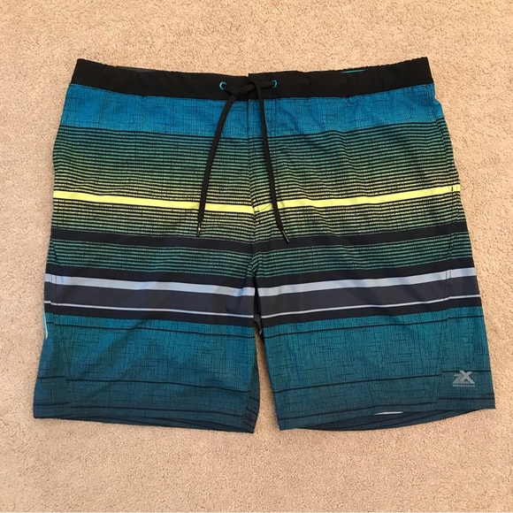 ZeroXposur Mens Swim Trunks NEW Size XXL Blue Green Grey Yellow Striped - Picture 1 of 11